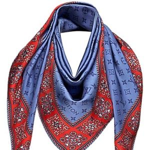 New Louis Vuitton Scarf Monogram Giant Blue Red Silk Scarf Wrap